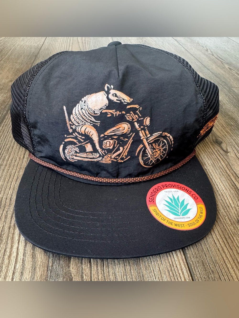 Sendero Provisions Co. Black Trucker Adjustable Hat with Armadillo Motorcycle